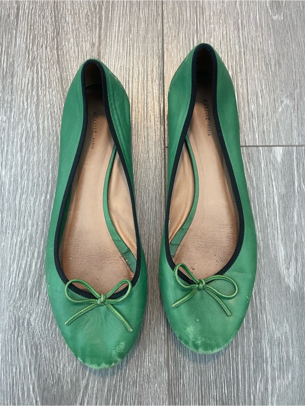 Celine Green Leather Ballet Flats with Bow Trim